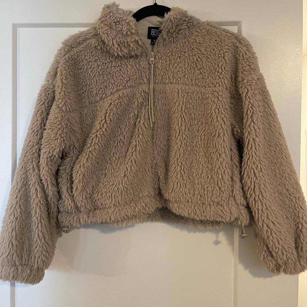 Urban Outfitters beige cropped teddy jacket in size Small